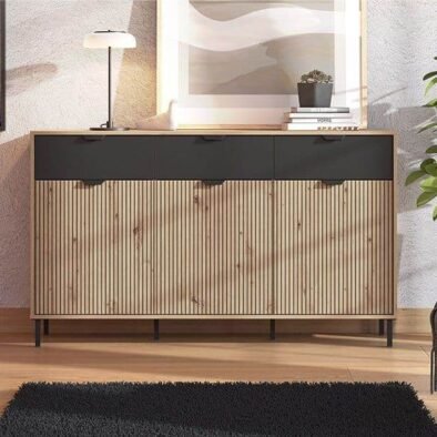 Martinique Slatted Artisan Oak Effect and Black 3-Door Sideboard for Elegant Storage - UK Luxury Furniture