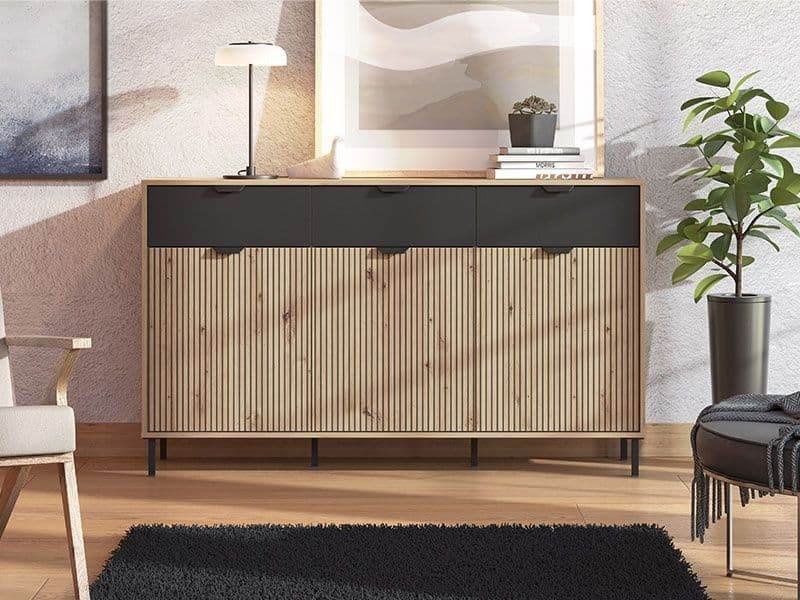 Martinique Slatted Artisan Oak Effect and Black 3-Door Sideboard for Elegant Storage - UK Luxury Furniture