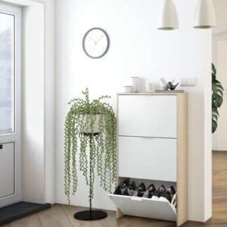 Marvin White and Oak Effect Shoe Cabinet with Three Folding Doors - UK Luxury Furniture