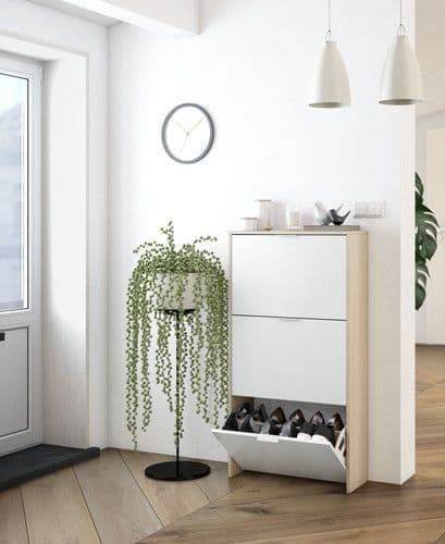Marvin White and Oak Effect Shoe Cabinet with Three Folding Doors - UK Luxury Furniture