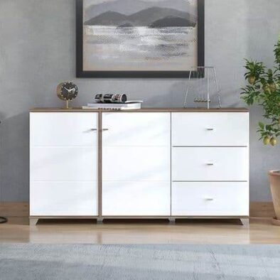 Merlot White Gloss and Warm Oak Effect Sideboard with Soft-Close Doors - UK Luxury Furniture