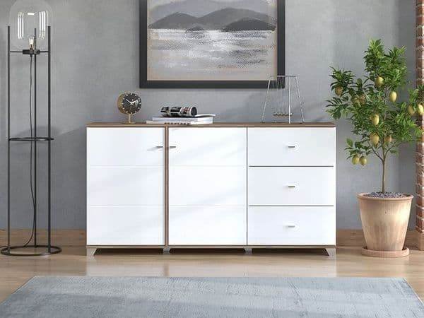 Merlot White Gloss and Warm Oak Effect Sideboard with Soft-Close Doors - UK Luxury Furniture