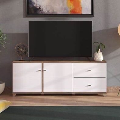 Merlot White Gloss and Warm Oak TV Unit Cabinet - 3443 Elegant Modern Design with Practical Storage - UK Luxury Furniture