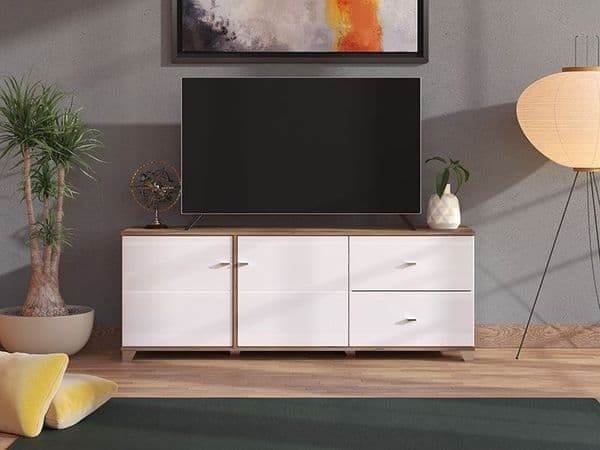 Merlot White Gloss and Warm Oak TV Unit Cabinet - 3443 Elegant Modern Design with Practical Storage - UK Luxury Furniture
