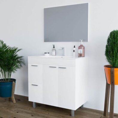 Milano White Gloss Two-Door, Two-Drawer Bathroom Vanity Cabinet with Sink and Mirror - UK Luxury Furniture