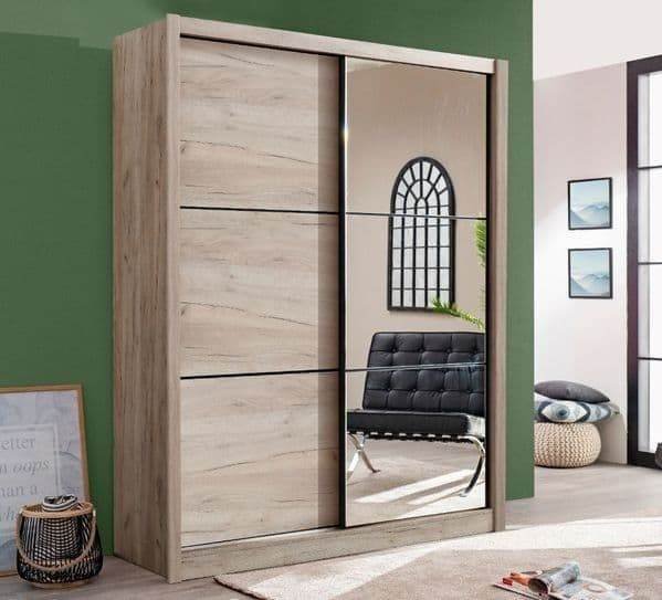 Navara Oak Effect Sliding Door Wardrobe: 166cm Wide, Mirrored, Spacious Storage Solution - UK Luxury Furniture