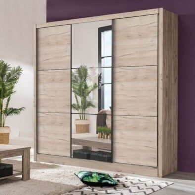 Navara Oak Effect Sliding Door Wardrobe 245cm with Mirrored Door - UK Luxury Furniture