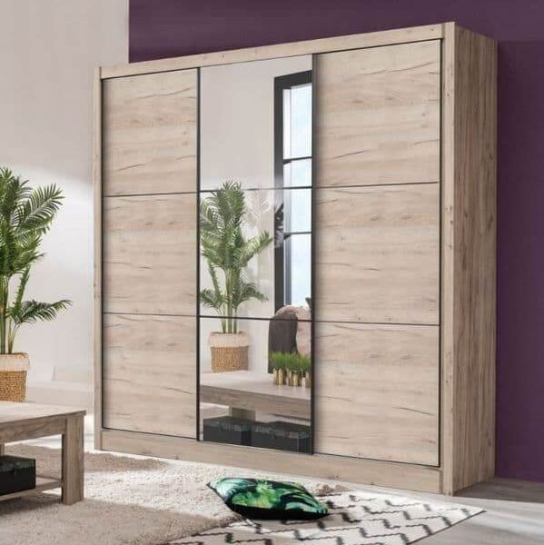 Navara Oak Effect Sliding Door Wardrobe 245cm with Mirrored Door - UK Luxury Furniture