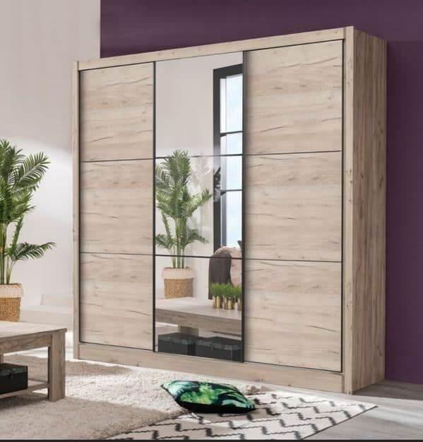 Navara Oak Effect Sliding Door Wardrobe 245cm with Mirrored Door - UK Luxury Furniture