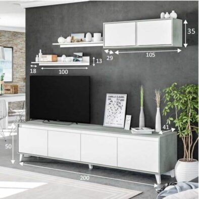 Nocca Modern Grey and White TV Cabinet with Wall Shelf and Cupboard Set - UK Luxury Furniture