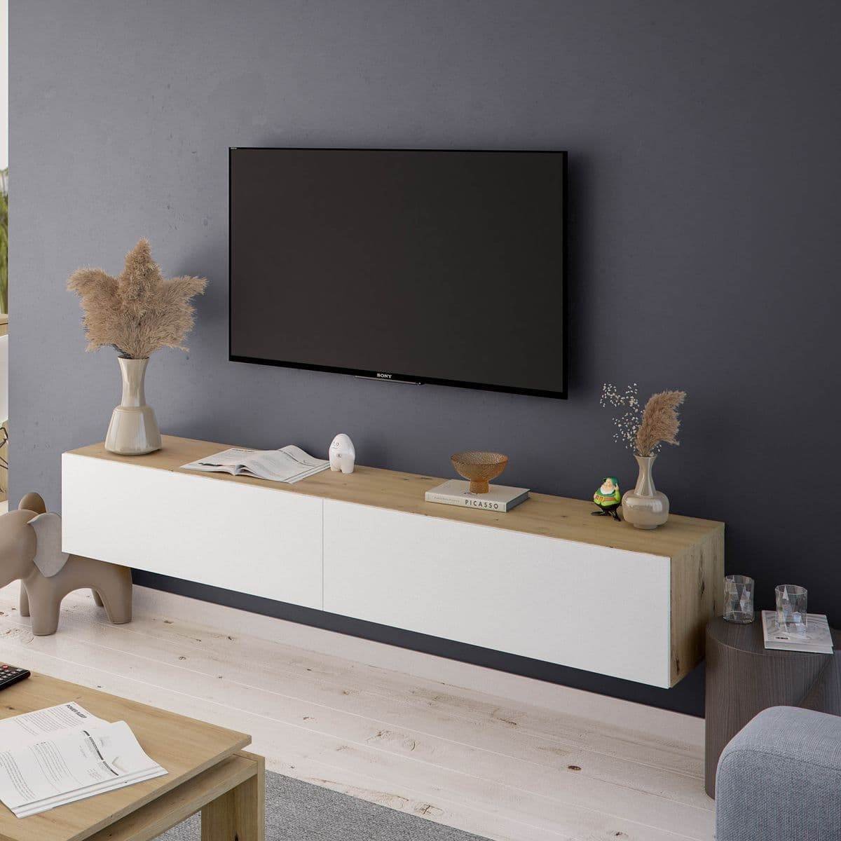 Reyes Nordic Oak Effect and White Wall Mounted Floating Wide Large TV Unit - UK Luxury Furniture