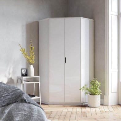 Santino White High Gloss Corner Wardrobe: Modern Space-Saving Storage Solution for Bedrooms - UK Luxury Furniture
