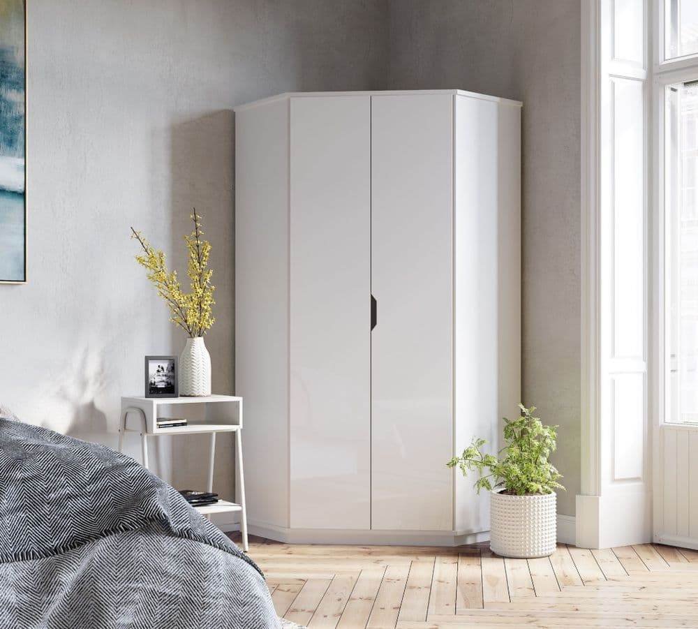 Santino White High Gloss Corner Wardrobe: Modern Space-Saving Storage Solution for Bedrooms - UK Luxury Furniture