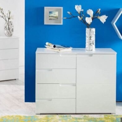 Santino White High Gloss Narrow Sideboard with Four Drawers and Single Door - UK Luxury Furniture