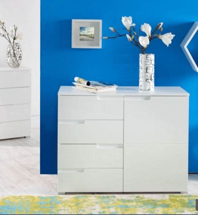 Santino White High Gloss Narrow Sideboard with Four Drawers and Single Door - UK Luxury Furniture