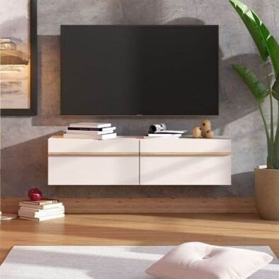 Seura Cashmere and Oak Effect Wall-Mounted Floating Wide Large TV Unit - UK Luxury Furniture