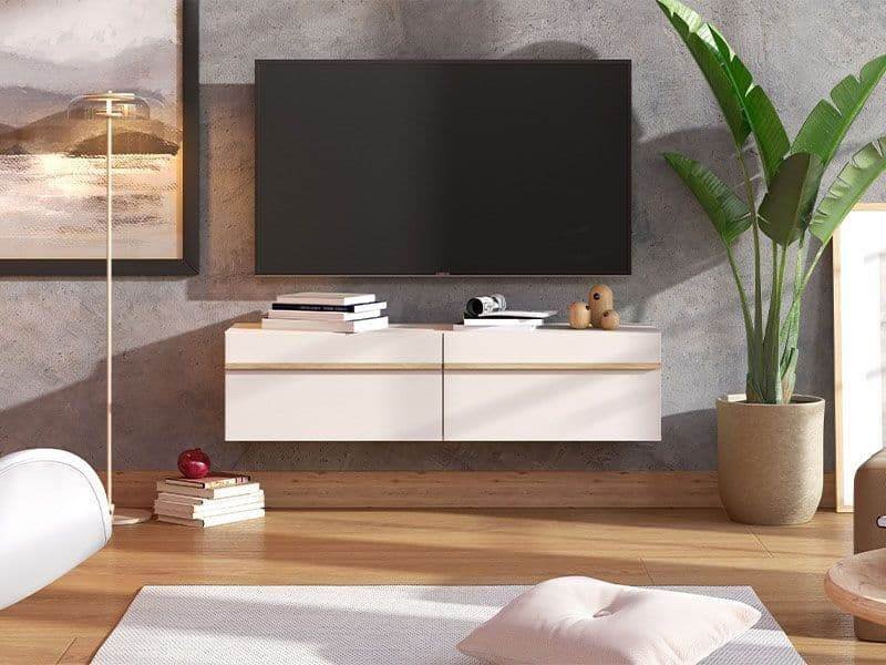 Seura Cashmere and Oak Effect Wall-Mounted Floating Wide Large TV Unit - UK Luxury Furniture
