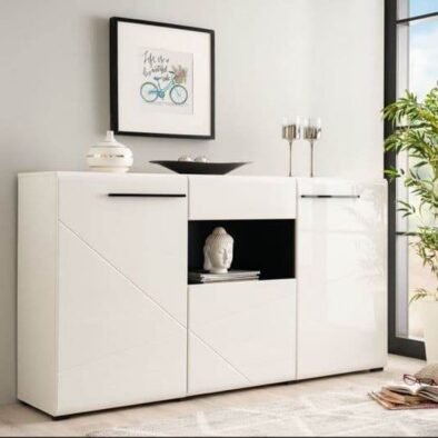 Terrento White High Gloss Tall Sideboard: Modern Storage for Elegant Living Spaces - UK Luxury Furniture