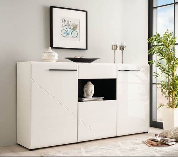 Terrento White High Gloss Tall Sideboard: Modern Storage for Elegant Living Spaces - UK Luxury Furniture