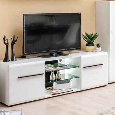 Terrento Modern White High Gloss Large TV Unit with Glass Shelves and Storage - UK Luxury Furniture
