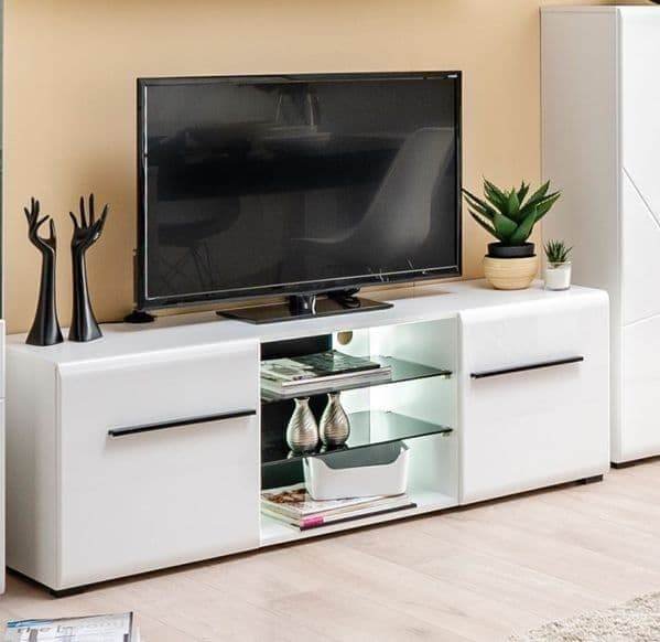Terrento Modern White High Gloss Large TV Unit with Glass Shelves and Storage - UK Luxury Furniture