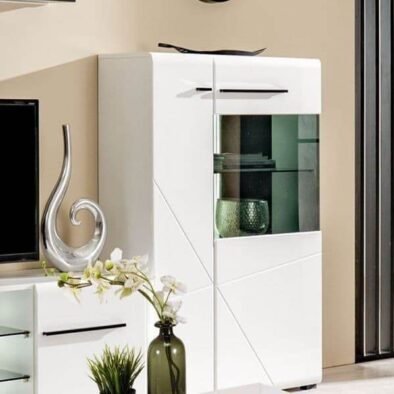 Terrento White High Gloss Display Cabinet: Modern Storage with Six Shelves and Two Doors - UK Luxury Furniture