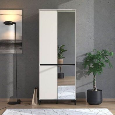 Toshiro Cashmere Taupe Half-Mirrored Tall Shoe Cabinet: Elegant 40-Pair Storage Solution - UK Luxury Furniture