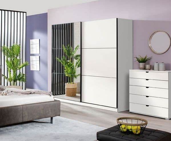 Valentina White 220cm Modern Sliding Wardrobe with Full-Length Mirror - UK Luxury Furniture