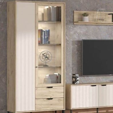 Vivea Grey Oak Effect and Cashmere Slatted 2-Door Display Cabinet - UK Luxury Furniture