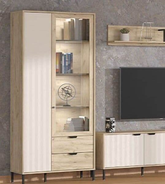 Vivea Grey Oak Effect and Cashmere Slatted 2-Door Display Cabinet - UK Luxury Furniture