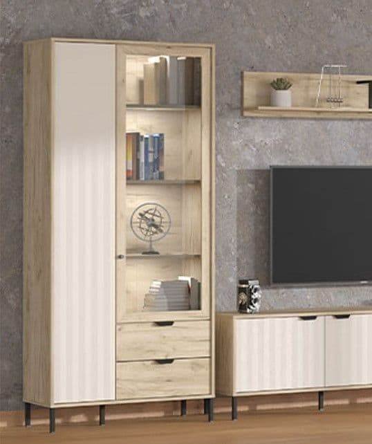 Vivea Grey Oak Effect and Cashmere Slatted 2-Door Display Cabinet - UK Luxury Furniture