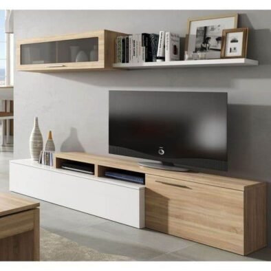 Warrington White Gloss and Oak Effect Reversible L-Shaped TV Entertainment Wall Unit - UK Luxury Furniture