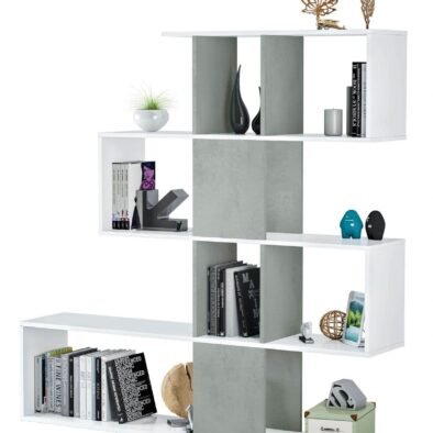 Zaga Artic White and Concrete Grey Bookcase - Modern 10-Compartment Living Room Furniture - UK Luxury Furniture