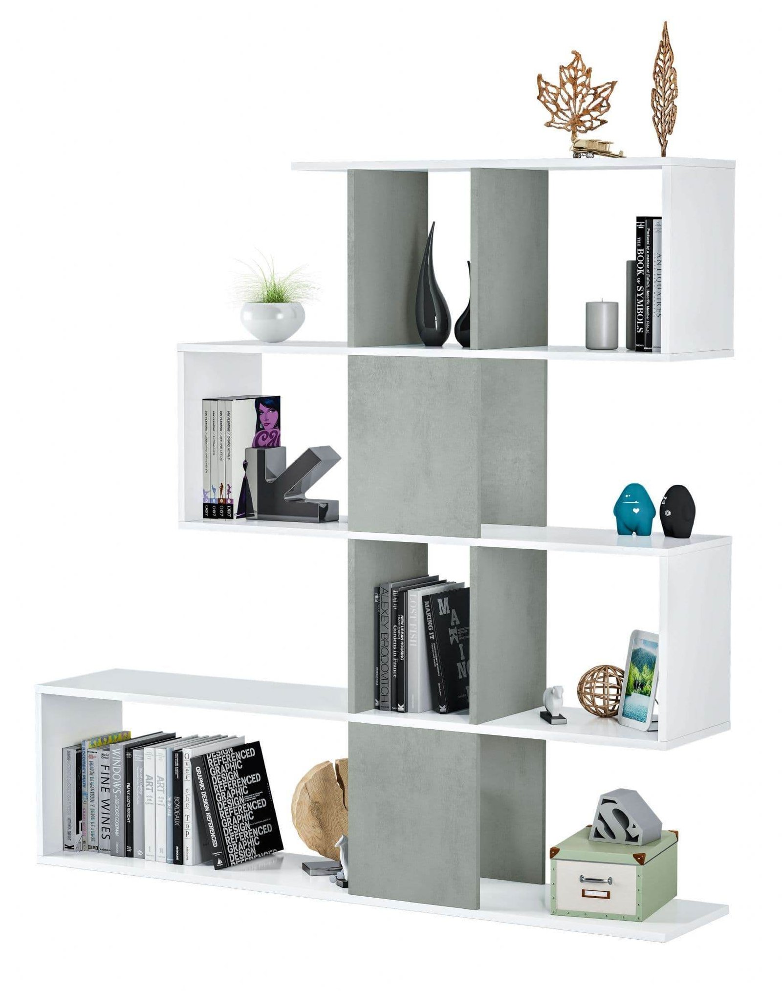 Zaga Artic White and Concrete Grey Bookcase - Modern 10-Compartment Living Room Furniture - UK Luxury Furniture