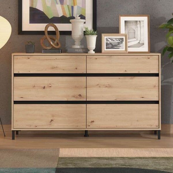 Zavaro Industrial Oak Effect Six-Drawer Wide Chest for Elegant Storage - UK Luxury Furniture