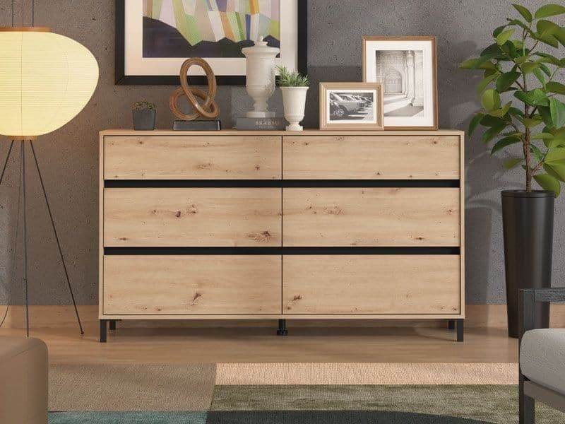 Zavaro Industrial Oak Effect Six-Drawer Wide Chest for Elegant Storage - UK Luxury Furniture