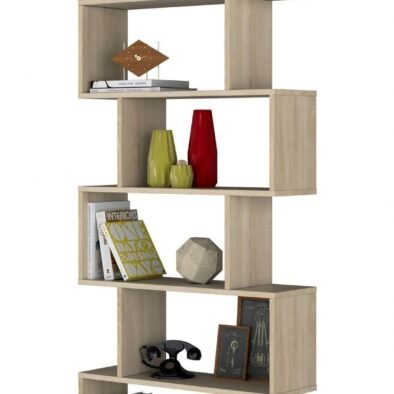 Zing Oak Effect Tall Bookcase: Modern 6-Compartment Display Shelf for Home Office - UK Luxury Furniture