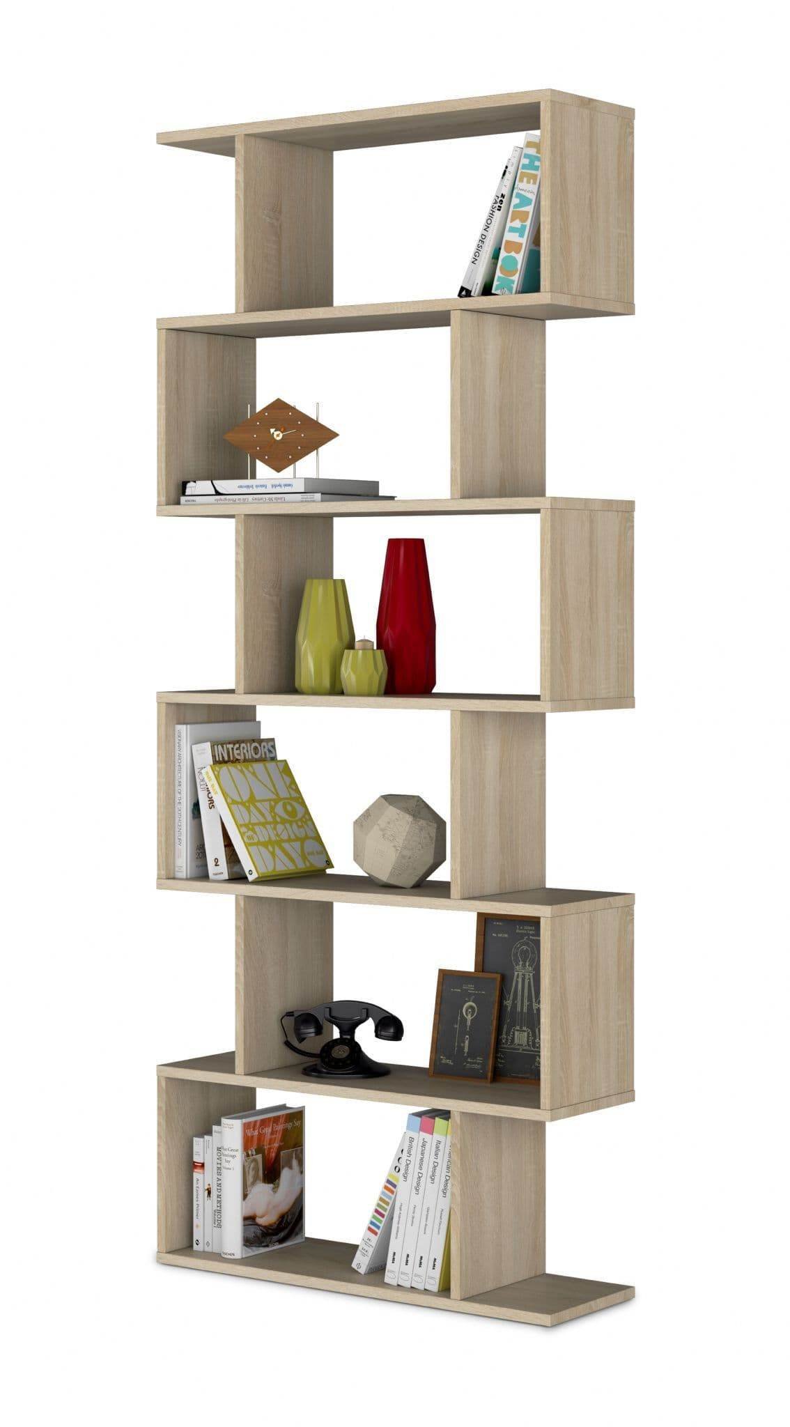 Zing Oak Effect Tall Bookcase: Modern 6-Compartment Display Shelf for Home Office - UK Luxury Furniture