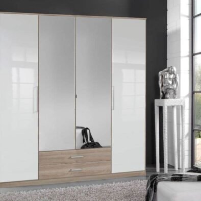Anzo White Gloss and Oak Effect 4 Door Wardrobe - Elegant Bedroom Storage Solution - UK Luxury Furniture