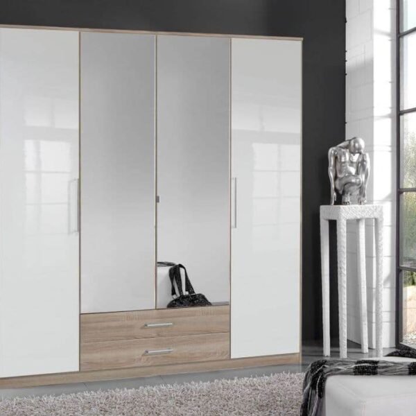 Anzo White Gloss and Oak Effect 4 Door Wardrobe - Elegant Bedroom Storage Solution - UK Luxury Furniture