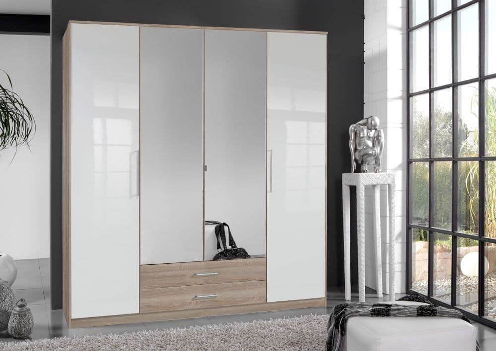 Anzo White Gloss and Oak Effect 4 Door Wardrobe - Elegant Bedroom Storage Solution - UK Luxury Furniture