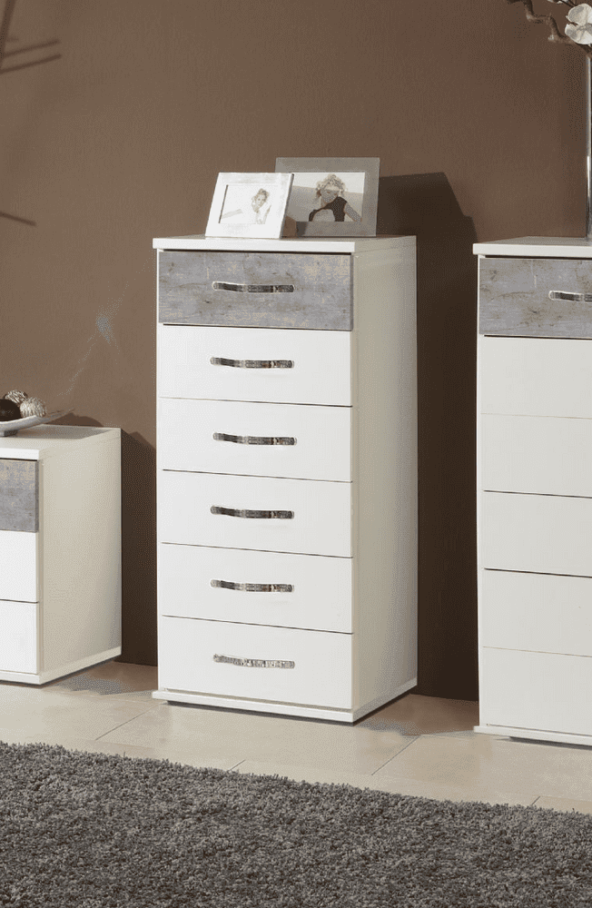 Ramina Modern Concrete Grey and White Six-Drawer Narrow Chest of Drawers - UK Luxury Furniture