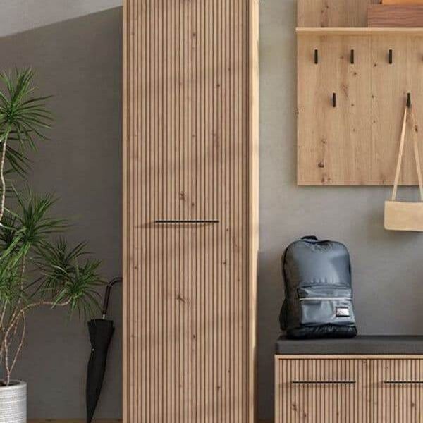 Lazlo Slatted Artisan Oak Effect Slim Wardrobe - Elegant Space-Saving Storage Solution - UK Luxury Furniture