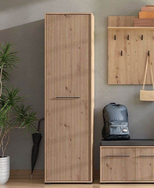 Lazlo Slatted Artisan Oak Effect Slim Wardrobe - Elegant Space-Saving Storage Solution - UK Luxury Furniture