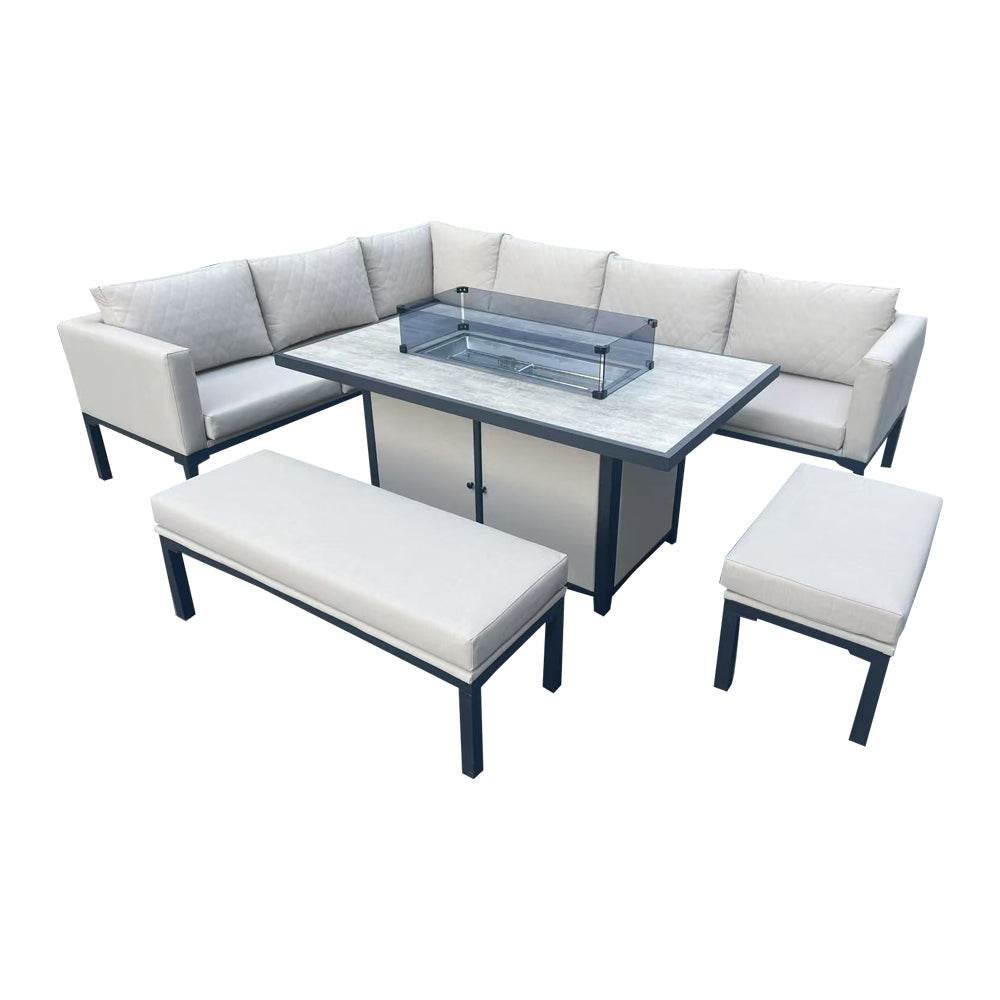 Luxury 5-Piece L-Shaped Outdoor Dining Set with Quick-Dry Cushions & Fire Pit Table in Beige - UK Luxury Furniture