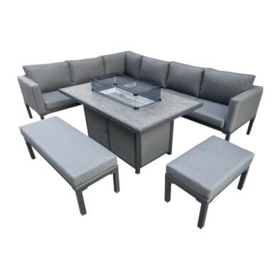 Luxury 5-Piece Grey L-Shaped Outdoor Dining Set With Quick-Dry Cushions & Fire Pit Table - UK Luxury Furniture
