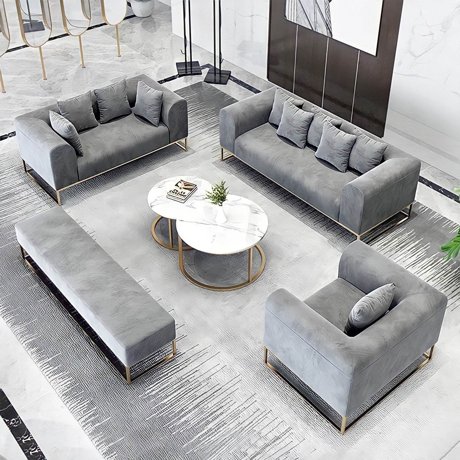 Larissa Luxury Grey Velvet Sofa Set - Timeless Italian Design with Gold Metal Legs - UK Luxury Furniture