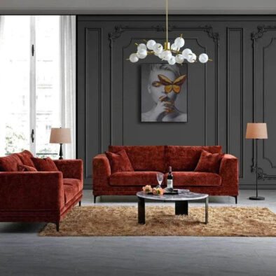 Lenox Mid Century Sofa Range In Luxurious Rust Velvet With Black Metal Legs - UK Luxury Furniture