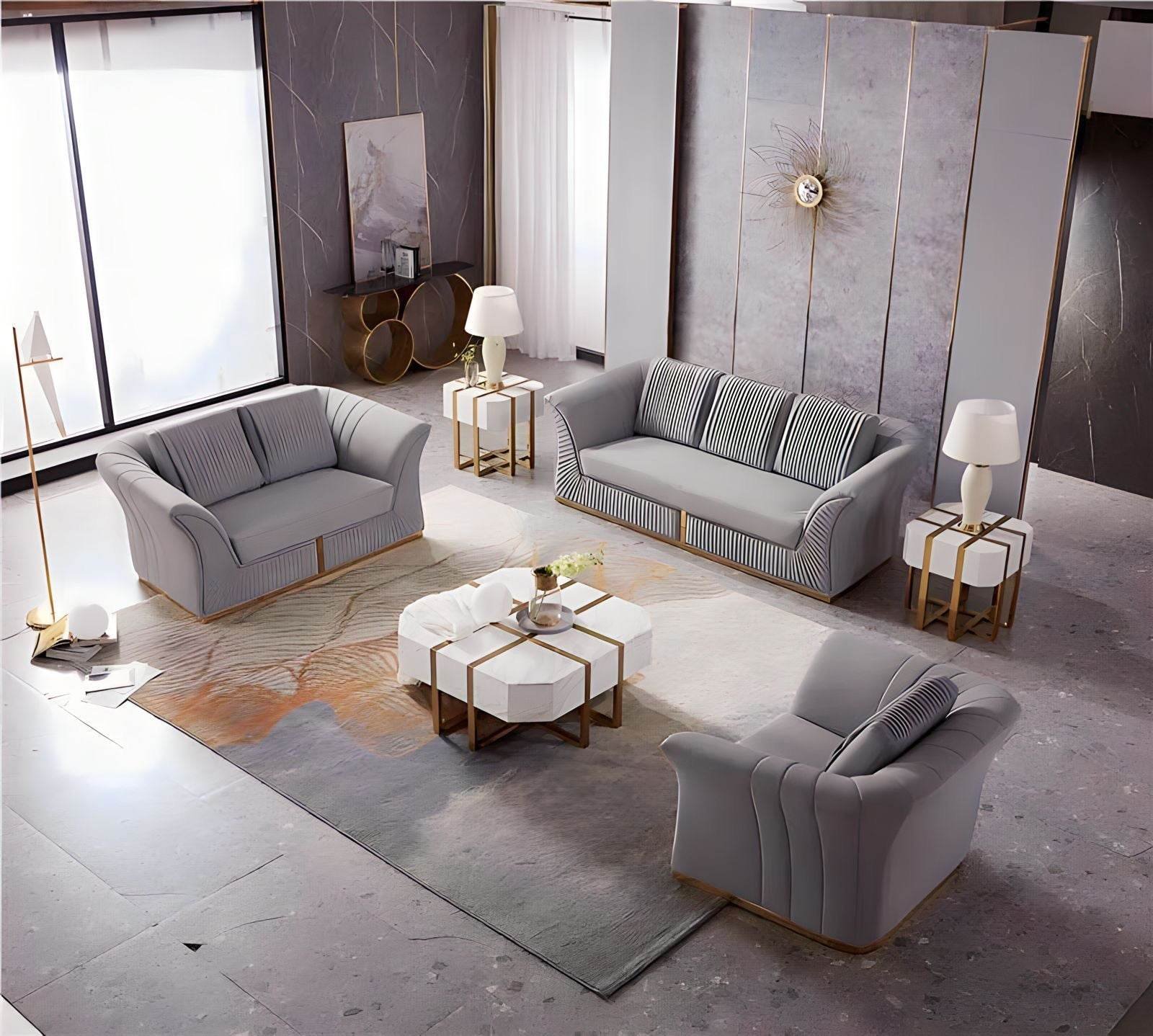 Luxury Manhattan Sofa Set in Grey Velvet - Elegant Design with Gold Metal Legs - UK Luxury Furniture