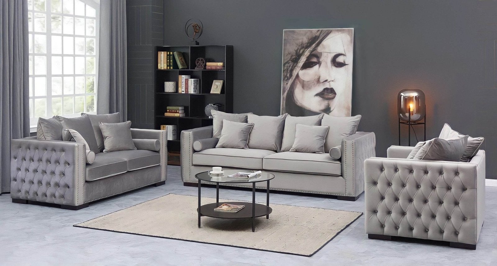 Luxury Grey Silver Velvet Moscow Sofa Sets with Deep Buttoned Chesterfield Design - UK Luxury Furniture